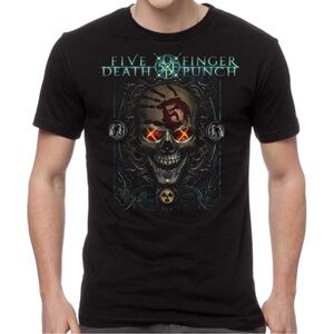 Five Finger Death Punch Skull Graphic Tee Iron Fist Rock T-Shirt Black Size L